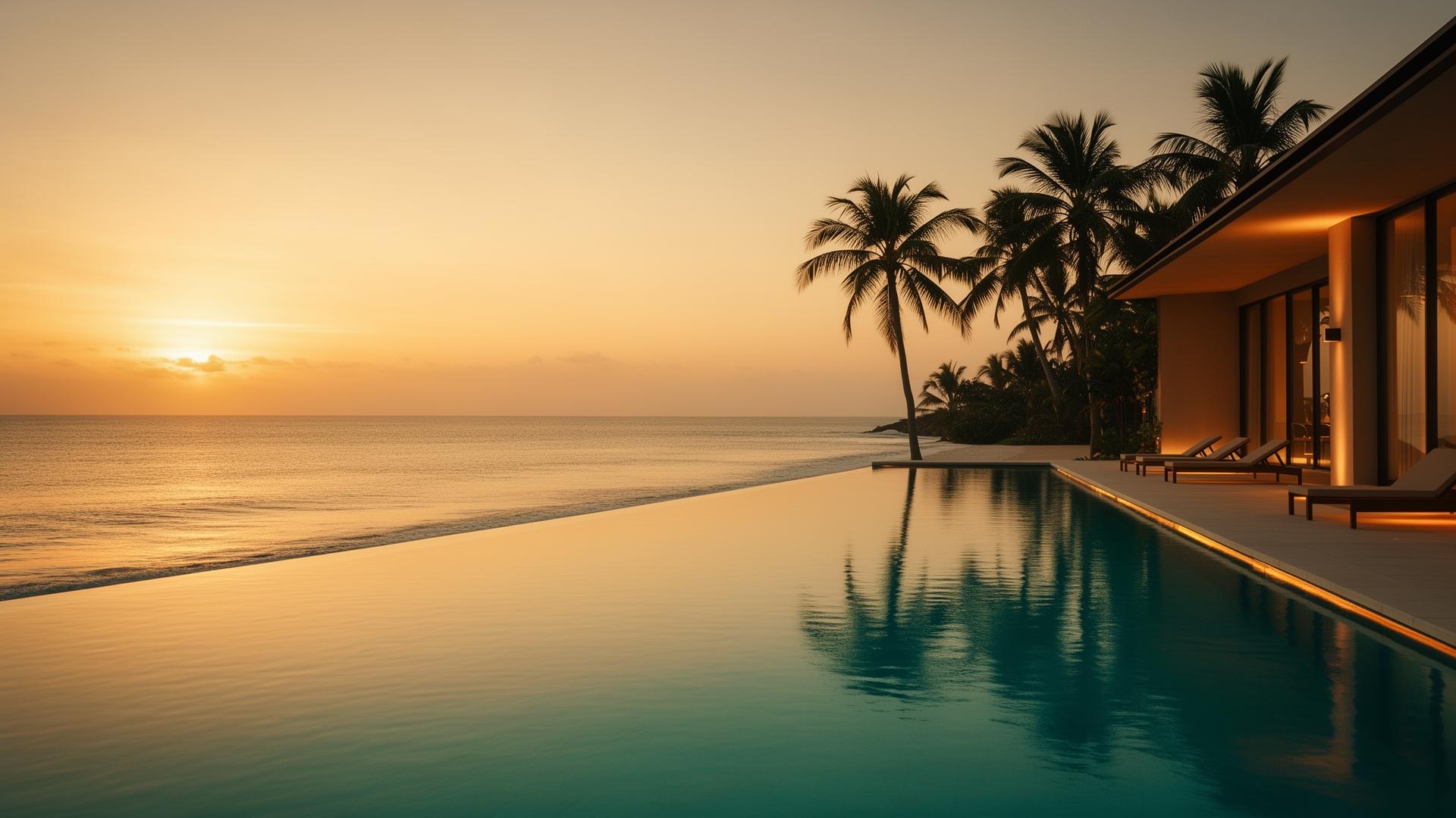 Luxury beachfront infinity pool at sunset